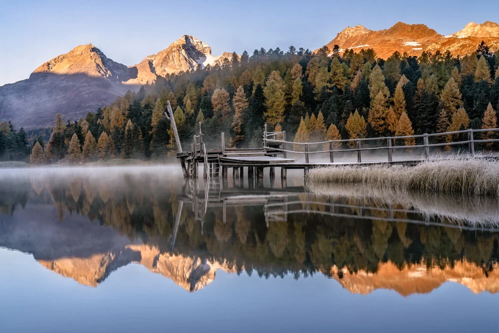Photo art by Achim Thomae: sunrise at Stazer Lake with autumn colors
