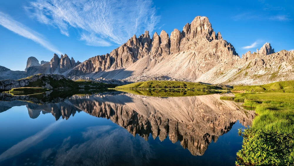 Photo art by Achim Thomae: View of the Dolomites with calm water reflection.