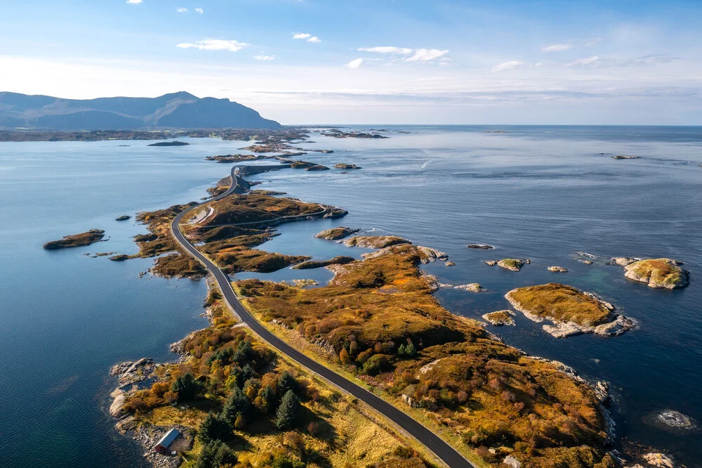 Photo art by Achim Thomae: picturesque drone view of the Atlantic Ocean Road in Norway