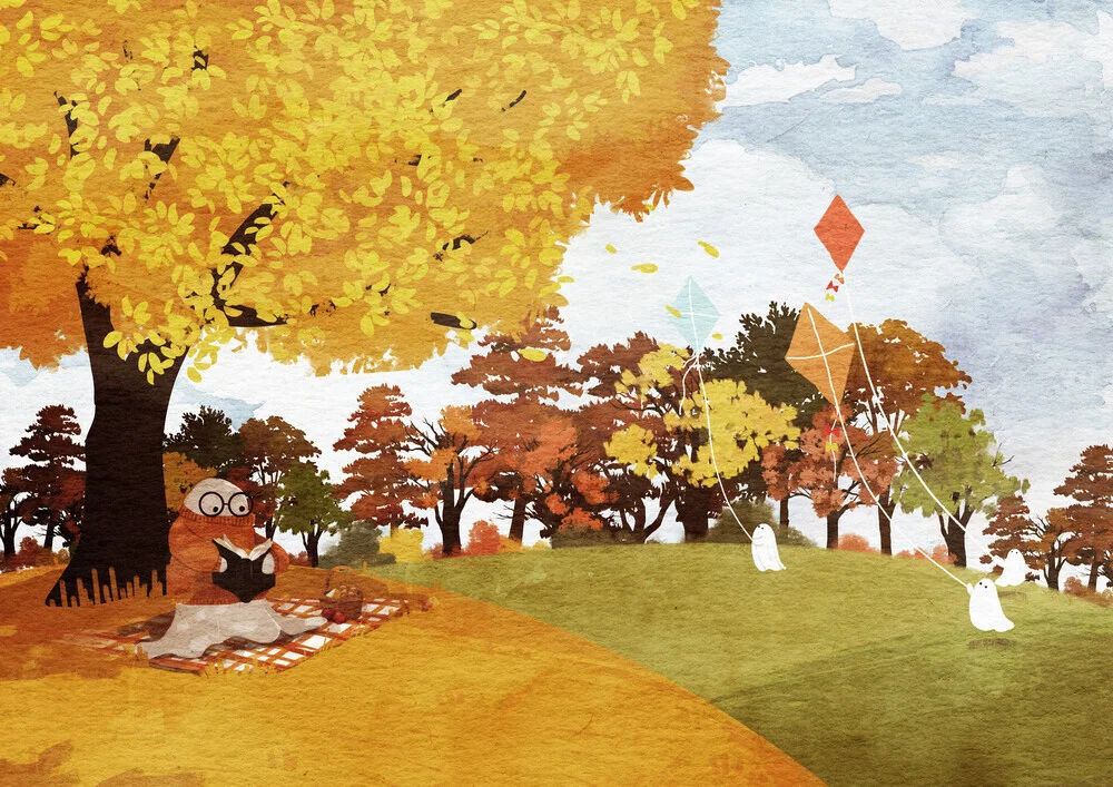 Illustration by Katherine Blower: children flying kites in autumn weather
