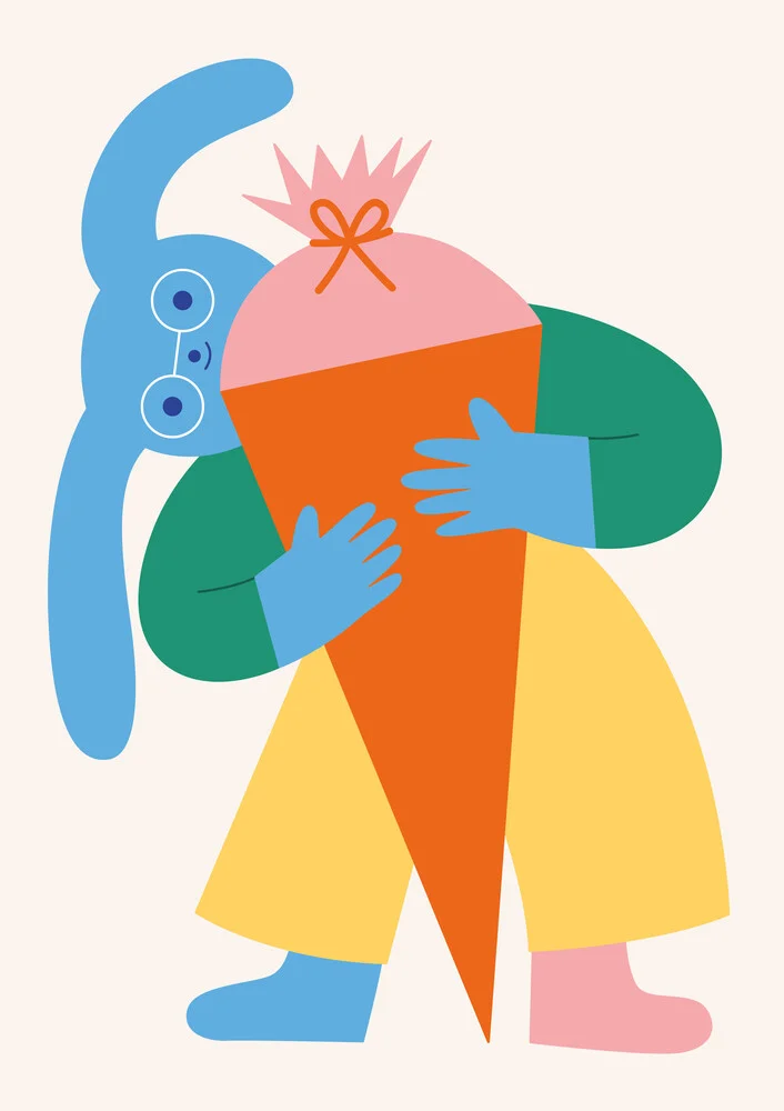 Illustration von Susann Stefanizen: fröhliches Hasenkind mit Brille und Schulmaterialien