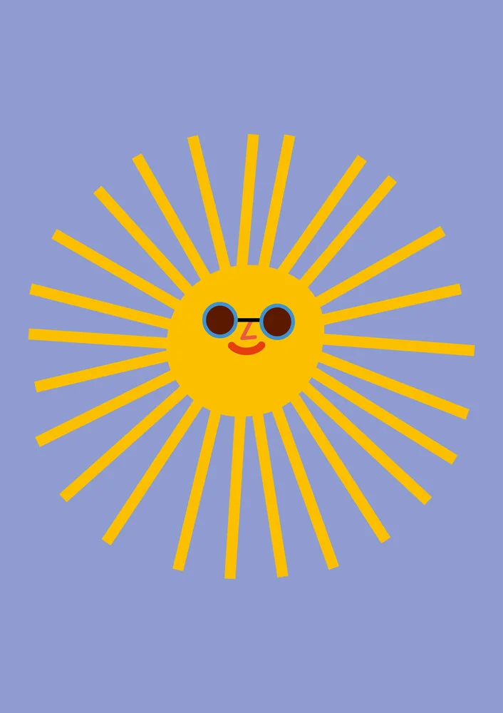 Fröhliche Illustration einer gelben Sonne mit Sonnenbrille vor lila Himmel