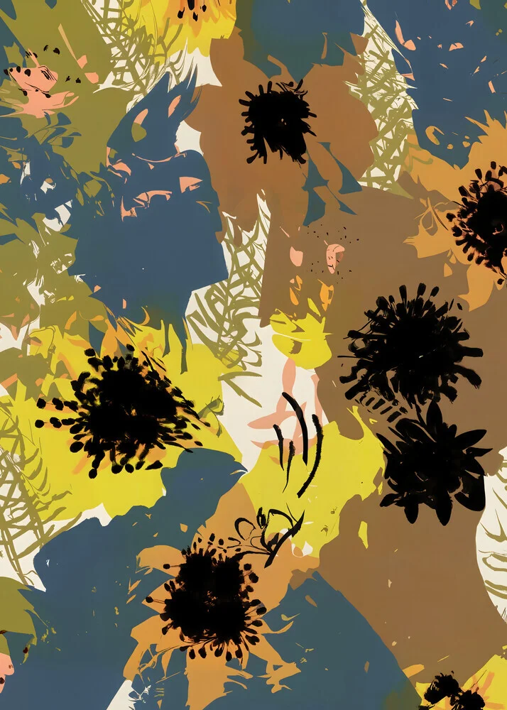 Wall art featuring yellow ochre florals by Uma Gokhale, cheerful botanical illustration.
