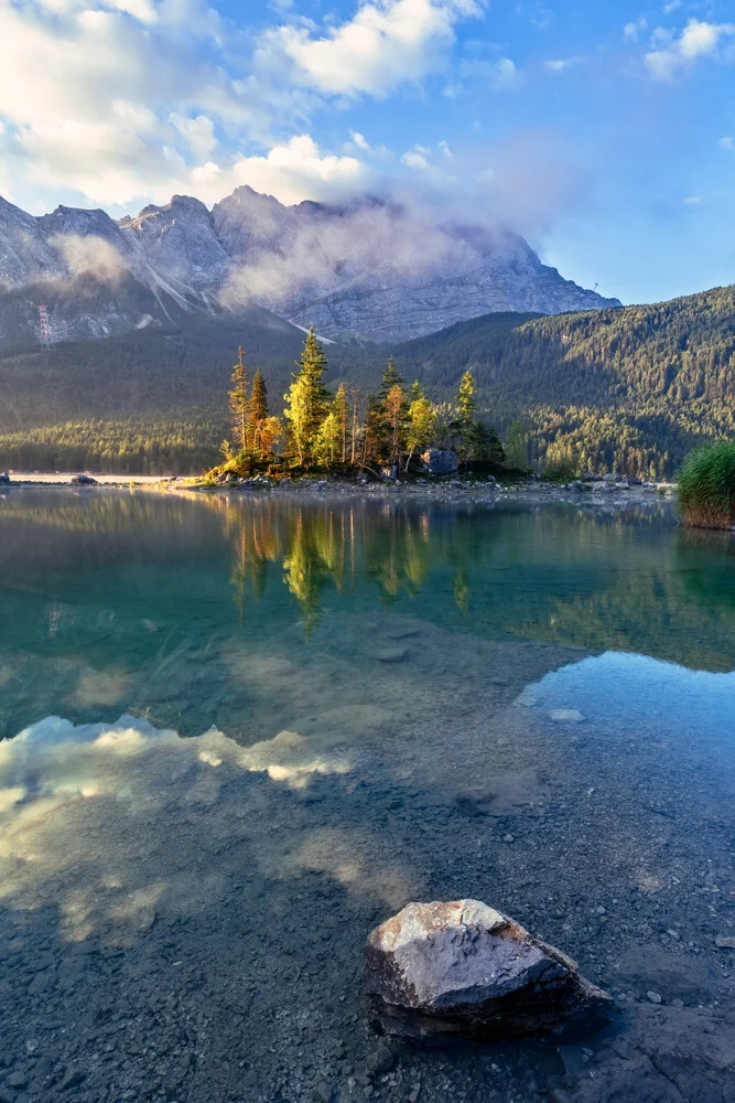 Photo art by Achim Thomae: calm sunrise over Lake Eibsee in Bavaria