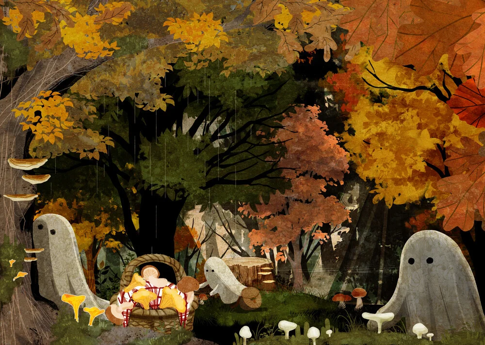 Illustration by Katherine Blower: cute ghosts and mushrooms in an autumn forest