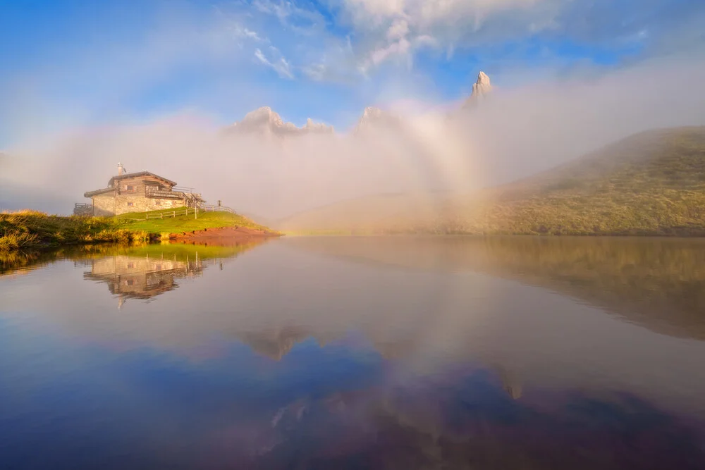 Photo art by Achim Thomae: fog bow over the Dolomites in soft golden hour light