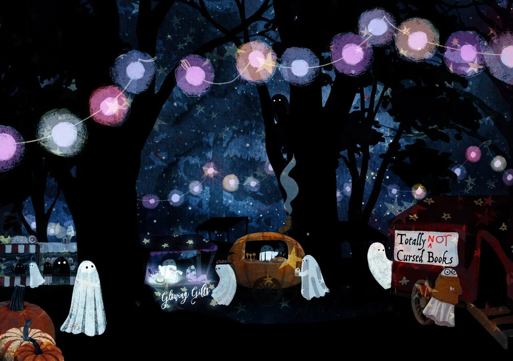 Wall art by Katherine Blower: spooky night market scene with ghosts and cute details