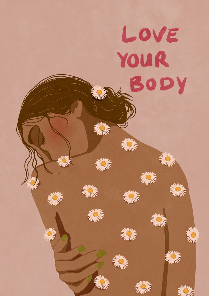 Illustration von Raissa Oltmanns: eine Frau umgeben von bunten Blumen und positiven Gedanken.
