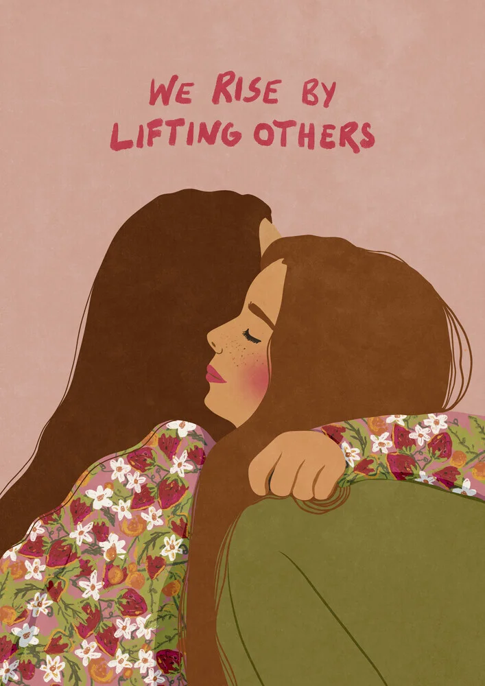 Illustration von Raissa Oltmanns: Frauen umarmen sich in sanften Pastelltönen