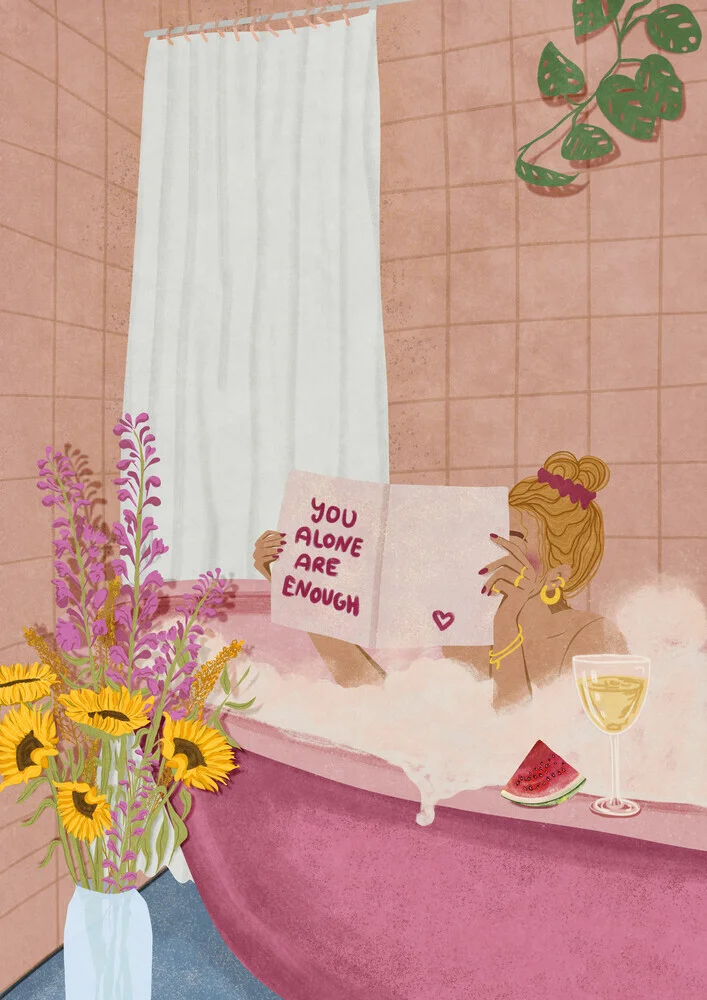Wandbild von Raissa Oltmanns: Illustration eines entspannten Moments in der Badewanne