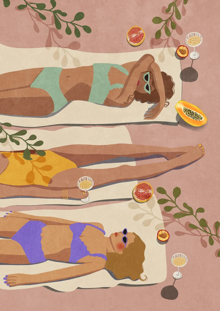 Illustration von Raissa Oltmanns: Mädchen genießen einen entspannten Sommertag bei Drinks und Früchten