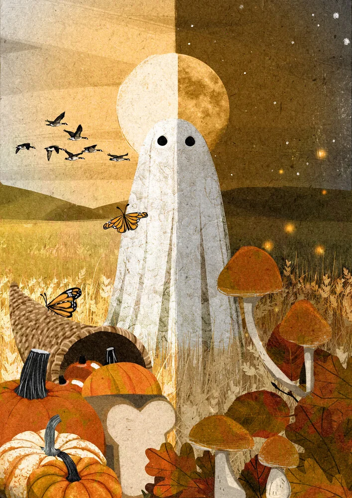 Illustration by Katherine Blower: cute ghost in autumn with pumpkin and mushrooms.