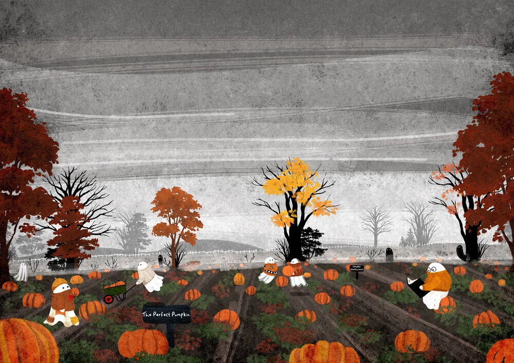 Illustration von Katherine Blower: freundliche Geister und Kürbisse in herbstlicher Stimmung