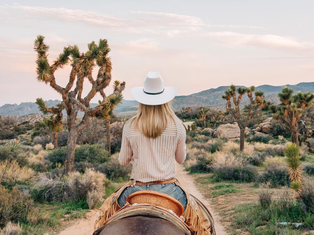 Photo art of a cowgirl in a desert setting with cacti and vast landscapes