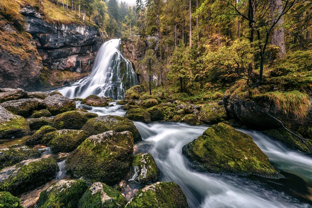 Photo art by Achim Thomae: Golling Waterfall with autumn leaves and gentle water flow