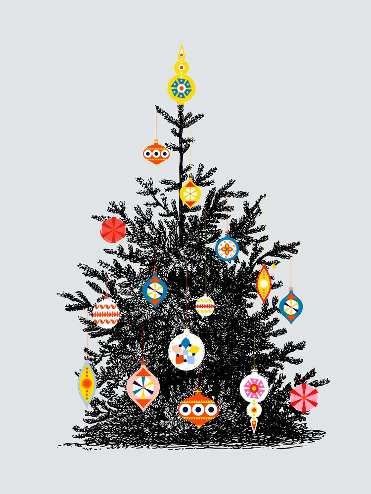 Wall art featuring a retro Christmas tree adorned with colorful ornaments in vintage style.