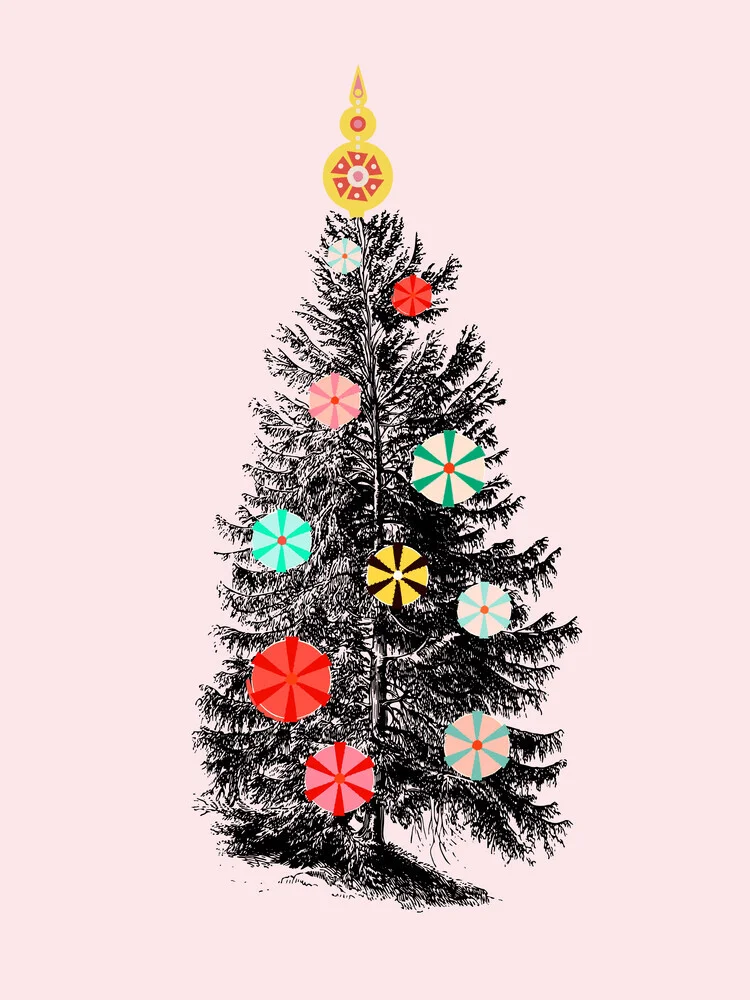 Wall art of a retro Christmas tree illustration with colorful candy ornaments.