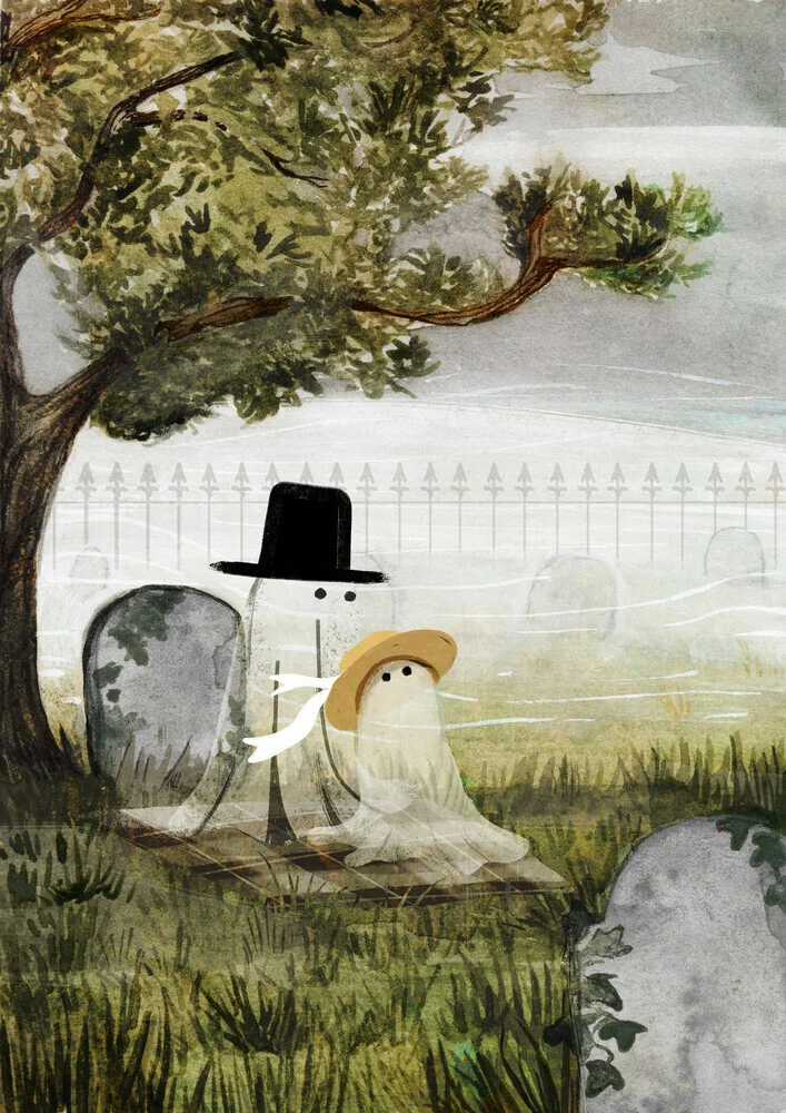 Wall art by Katherine Blower: a spooky, romantic scene in a graveyard