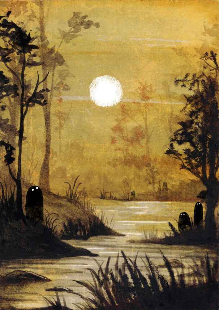 Illustration by Katherine Blower: autumn landscape with spooky figures