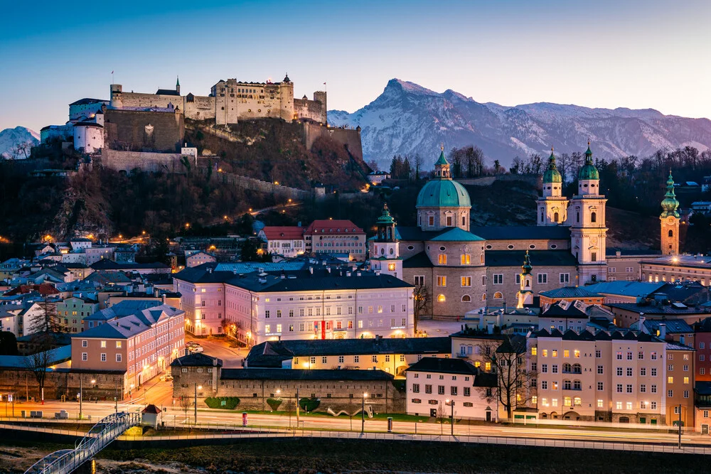 Beautiful image of Salzburg at dusk, showcasing soft colors and a calm atmosphere.