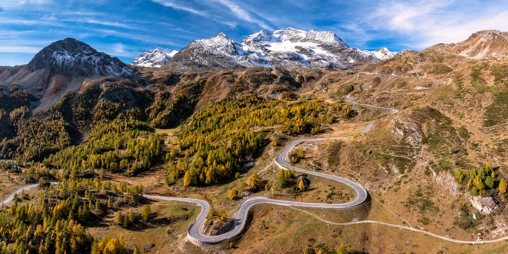 Fotokunst von Achim Thomae: Piz Bernina umgeben von bunten Lärchen im Herbst
