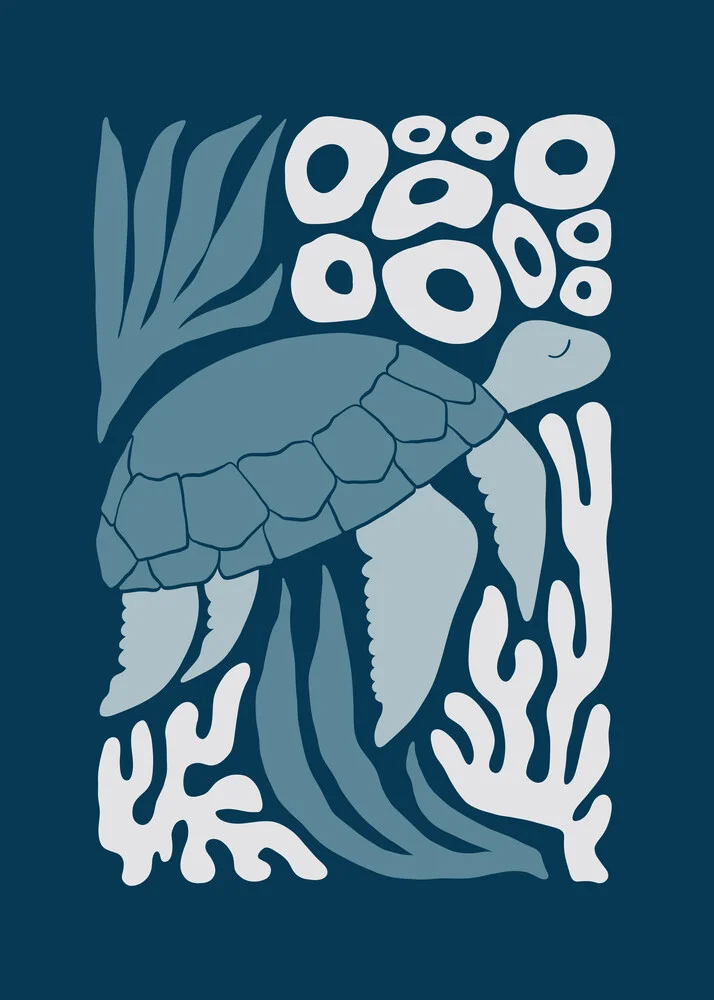 Wall art by Gal Pittel: stylized sea turtle swimming through blue waves