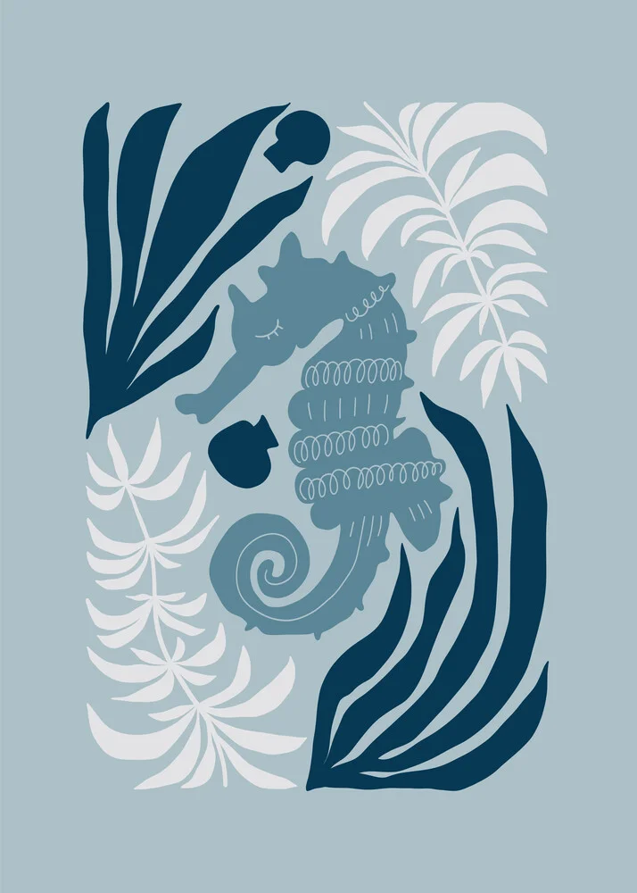 Abstrakte Illustration eines Seepferdchen-Nests in sanften Blautönen