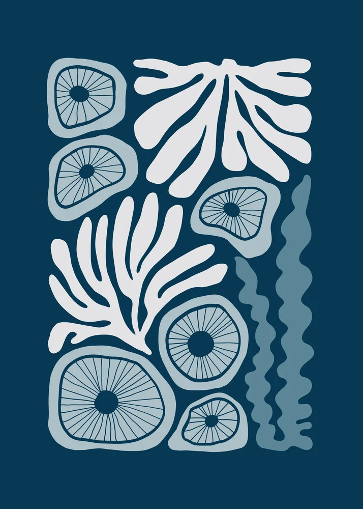 Illustration von Gal Pittel: stilisierte Meeresbotanik in beruhigenden Blautönen