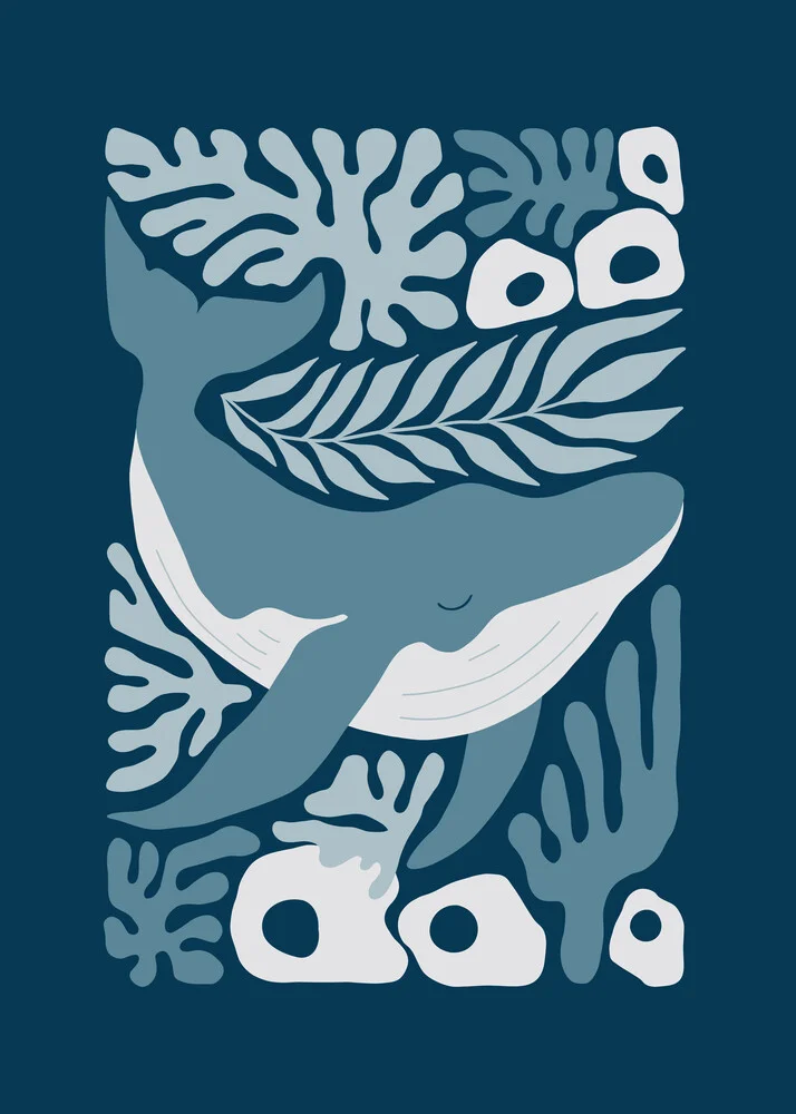 Abstract depiction of a whale in soft blue and green tones.