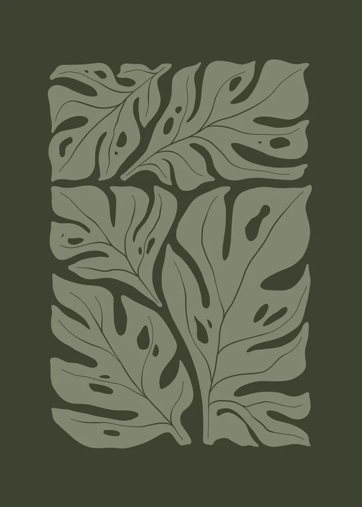 Illustration mit Monstera-Blättern in sanften Grüntönen, minimalistischer Stil.