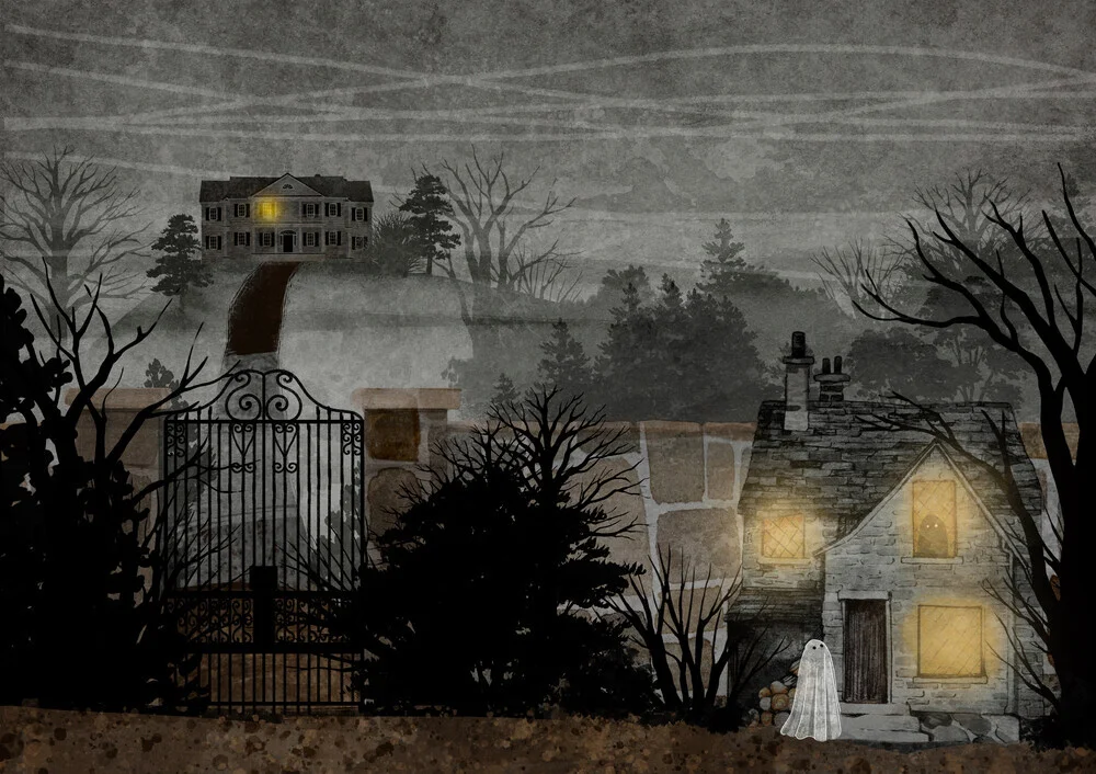 Illustration by Katherine Blower: mysterious gatekeeper in a dark landscape