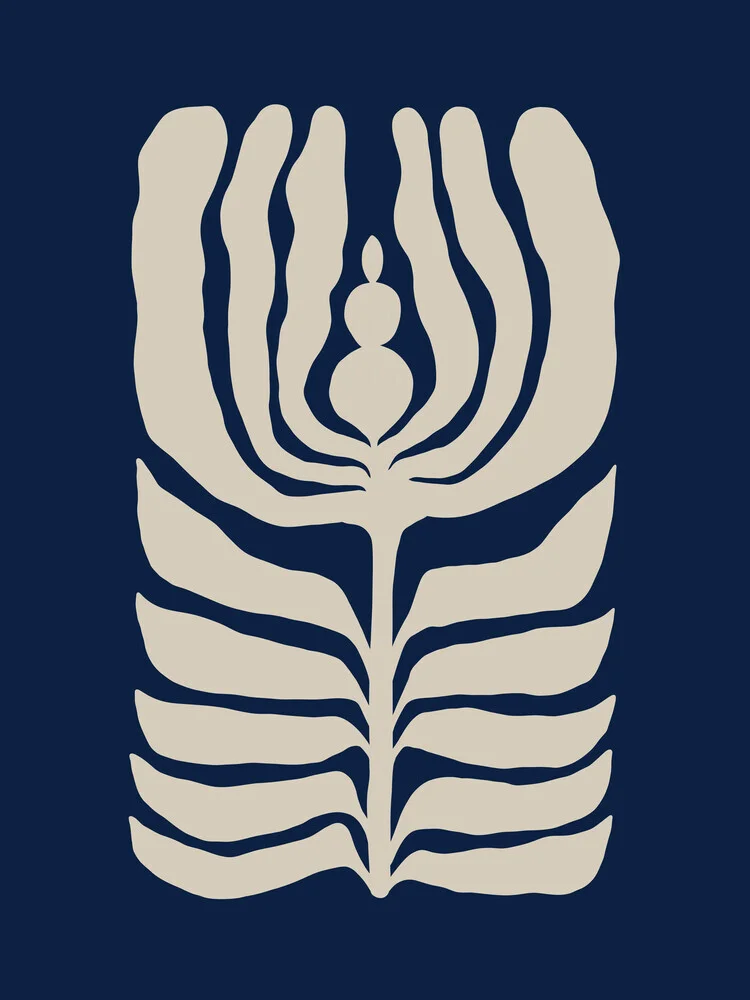 Abstract illustration in blue featuring floral elements and harmonious design.