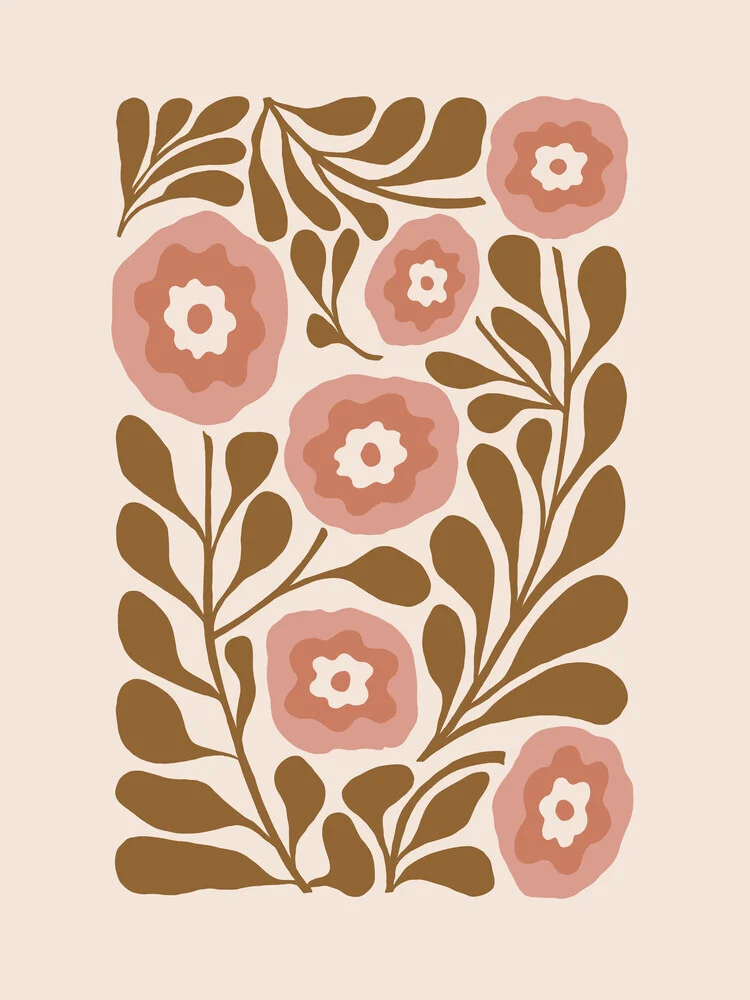 Abstract illustration in soft pink tones depicting floral forms in motion.