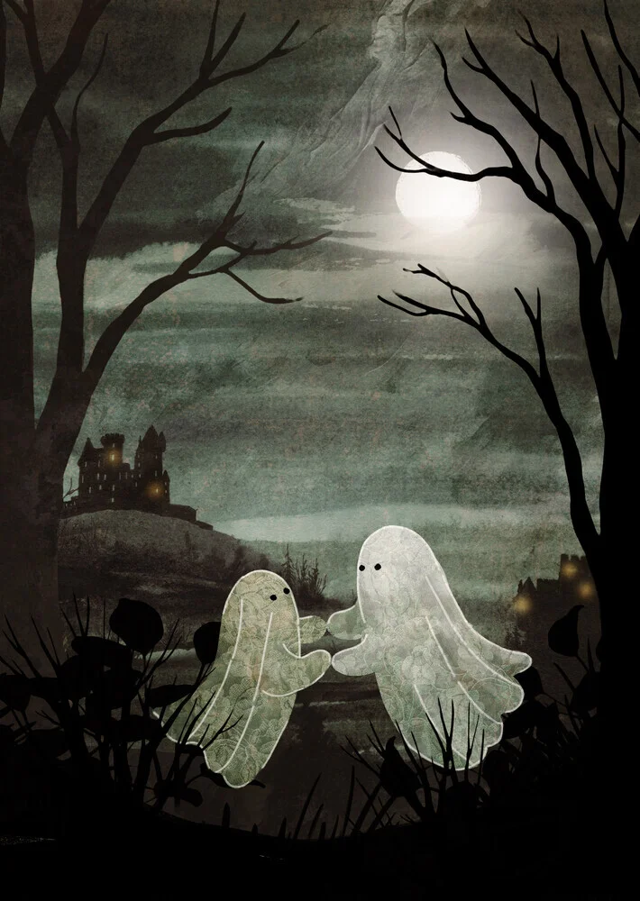 Illustration by Katherine Blower: ghosts under a moon over a castle in dark atmosphere