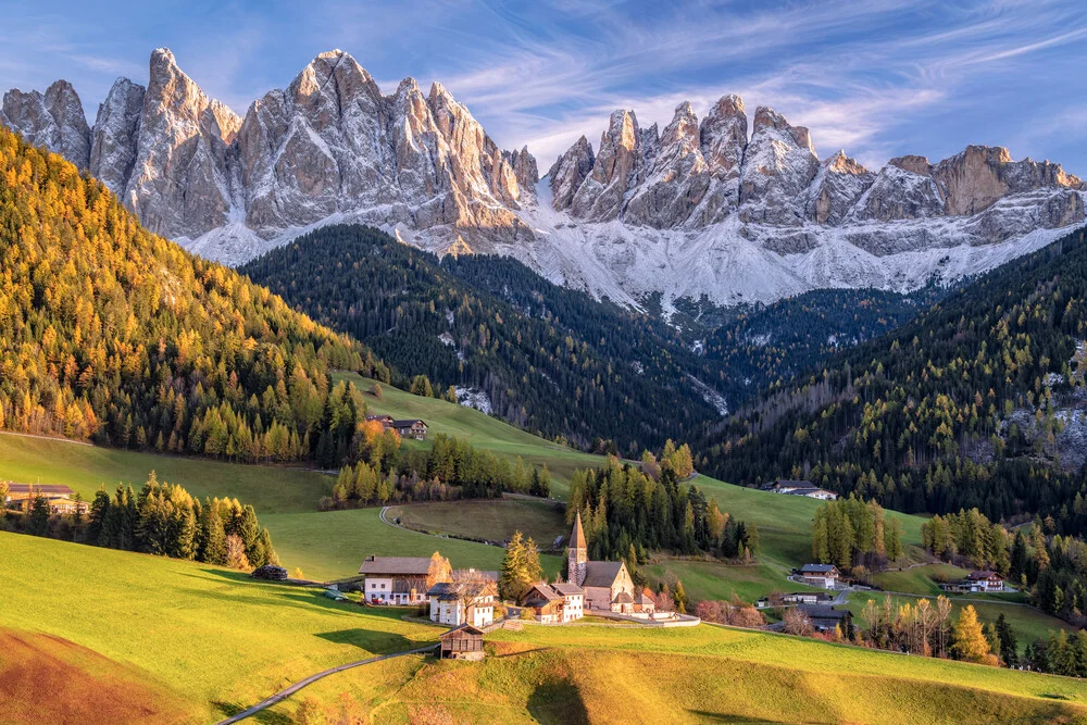 Beautiful landscape with autumn colors in Funes Valley, South Tyrol