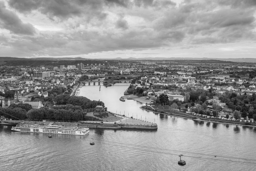 Black-and-white photo of Koblenz with a view of the German Corner.