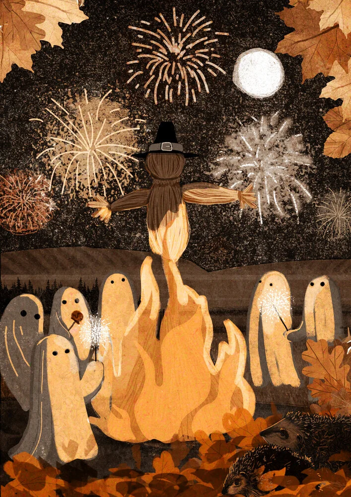 Illustration by Katherine Blower: Hedgehog with fireworks in an autumn scene