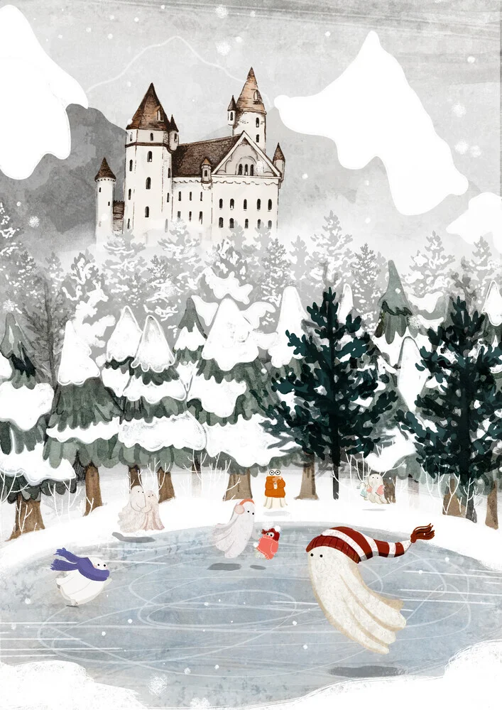 Illustration by Katherine Blower: cheerful skaters in a snowy forest