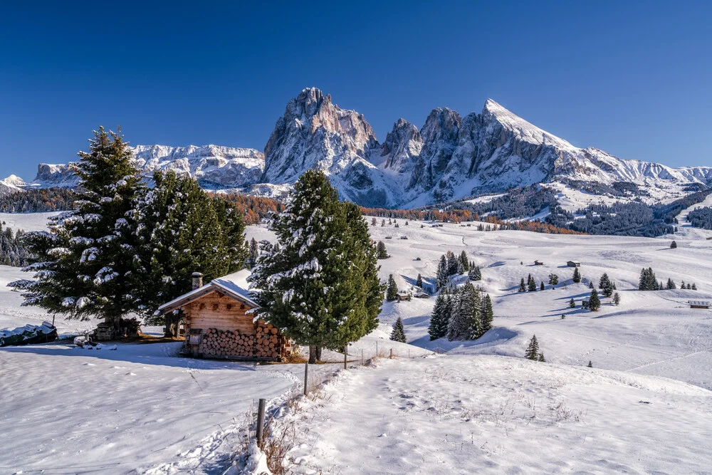 Photo art by Achim Thomae: autumn landscape with snow-covered mountains and larches