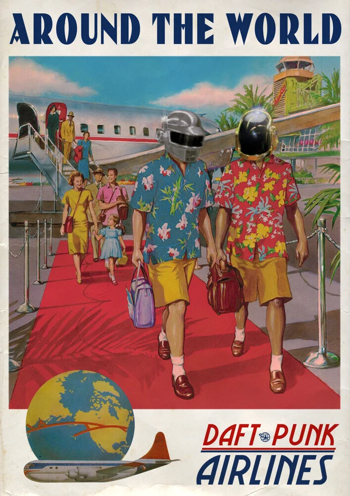 Wandbild von David Redon: eine kreative Collage mit Robotern und Musikmotiven.