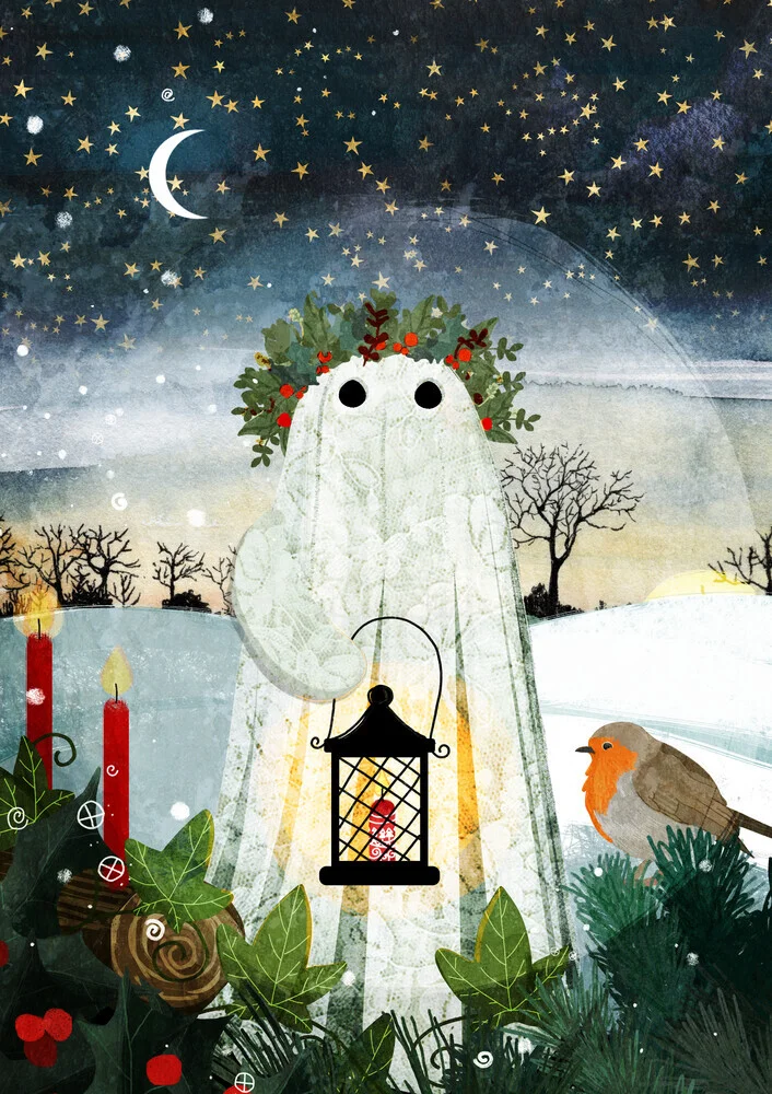 Illustration by Katherine Blower: winter scene featuring a robin