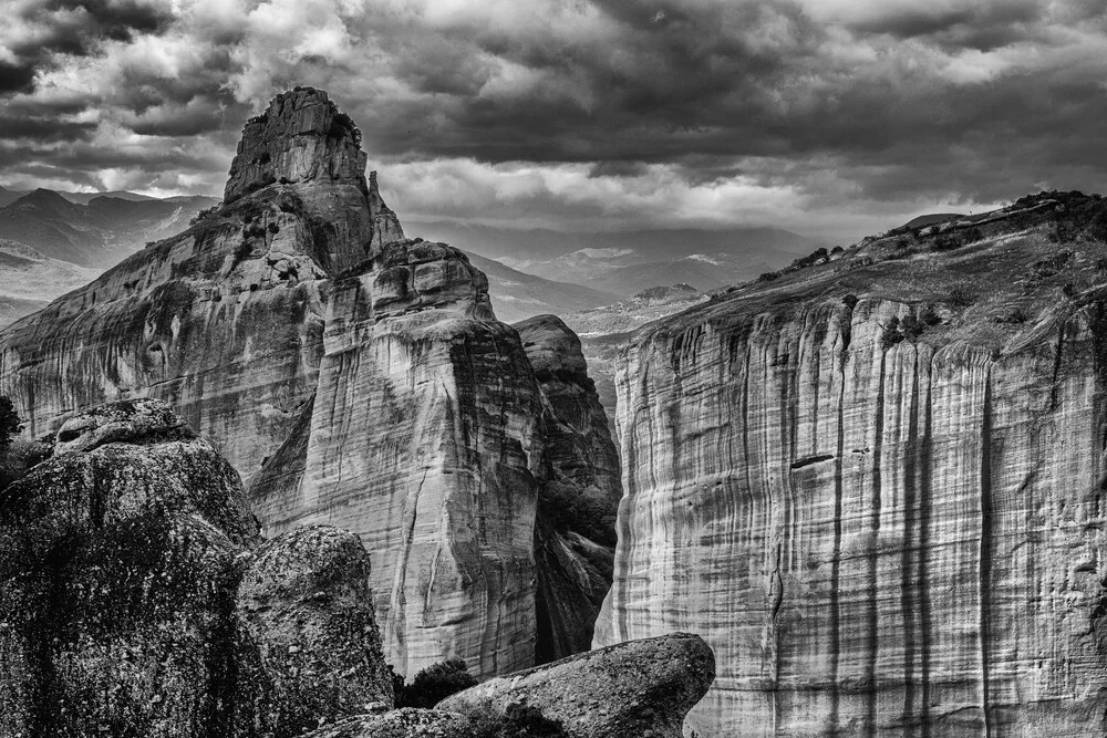 Black-and-white photo art by Michael Wagener: rocky landscape in Meteora, Greece