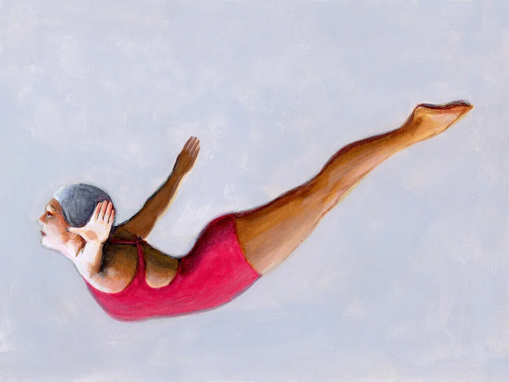 Illustration of a diver in a red swimsuit diving into a clear blue sky.