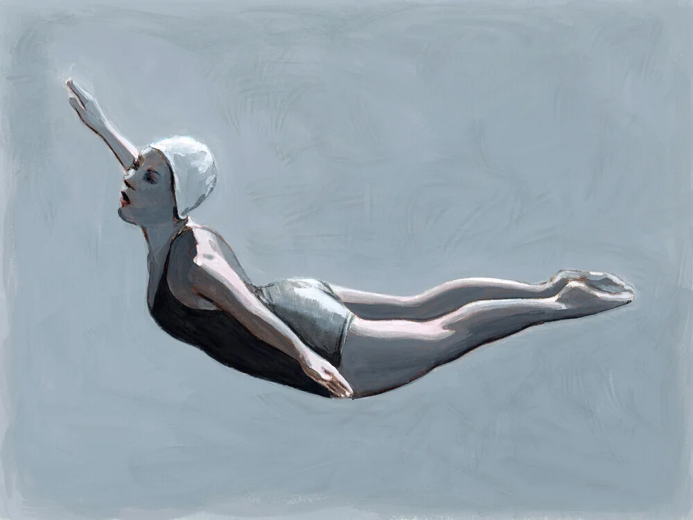 Illustration of an athletic woman diving in grey, evoking a nostalgic mood.
