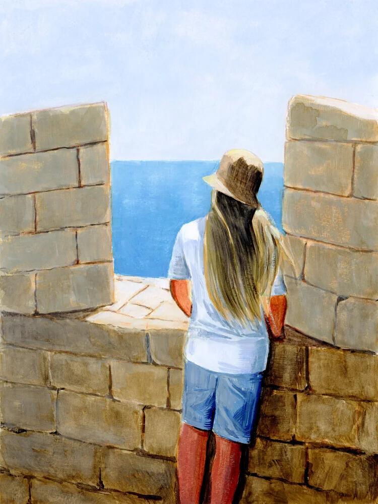 Wall art by Sarah Morrissette: girl peacefully gazes at the sea and the Acropolis.