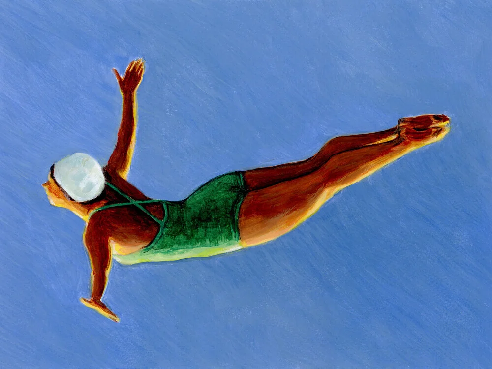 Illustration of a diver in a green swimsuit leaping into the blue sky.
