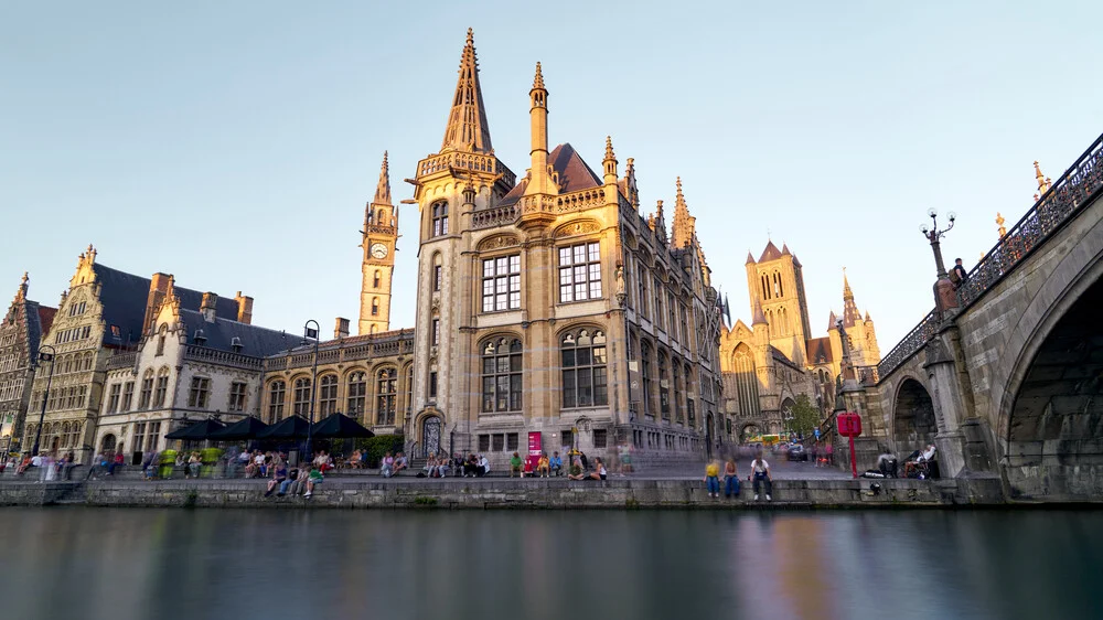 Photo art by Norbert Gräf: calm scene of Graslei in Ghent with water reflections.