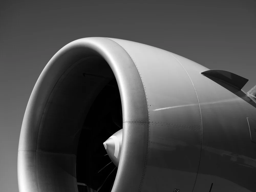 Close-up of a jet engine in black and white photography