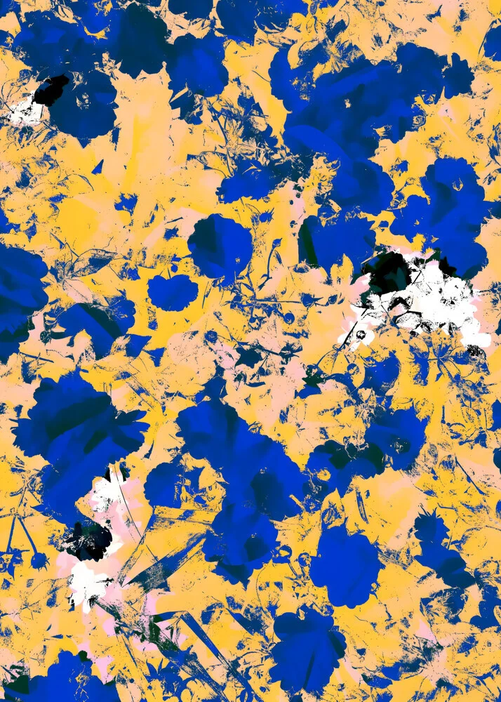 Abstrakte Illustration eines blühenden Gartens in Blau und Gelb von Uma Gokhale.