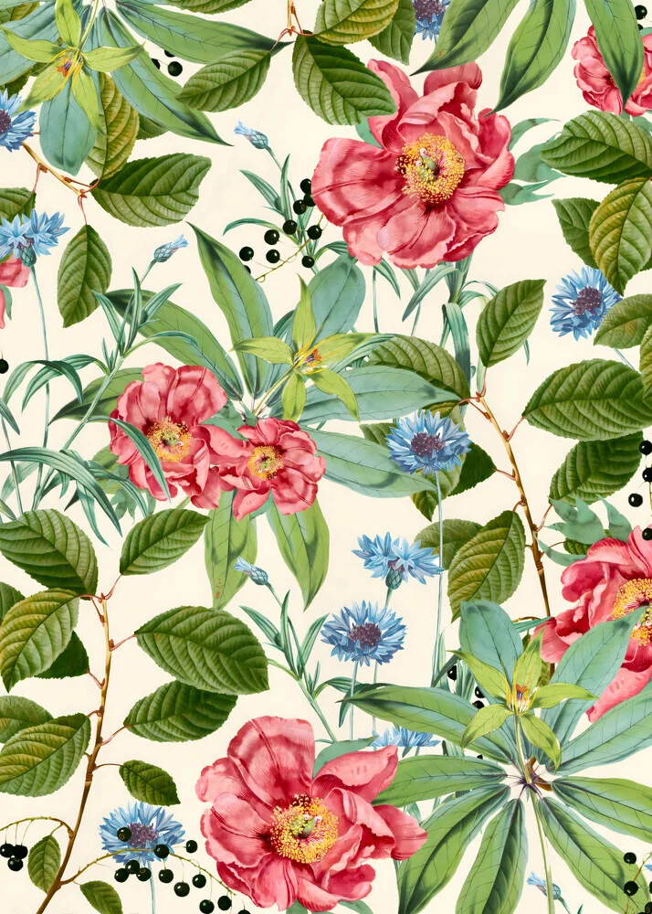 Illustration eines blühenden Gartens mit sanften Farben und floralen Motiven.